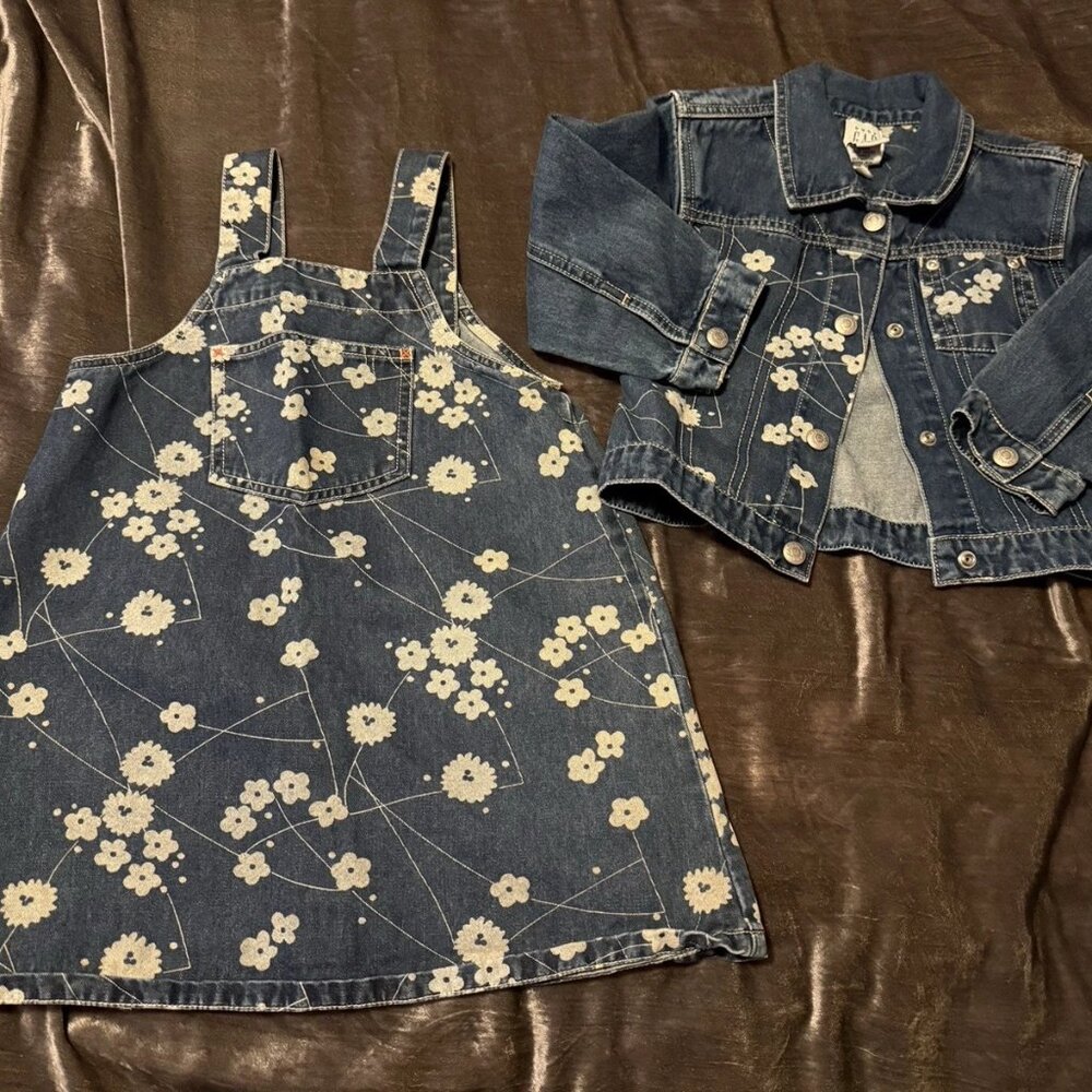 Vintage Y2K Baby Gap Floral Denim Overalls Skirtall Dress & Matching Jacket 3-4T